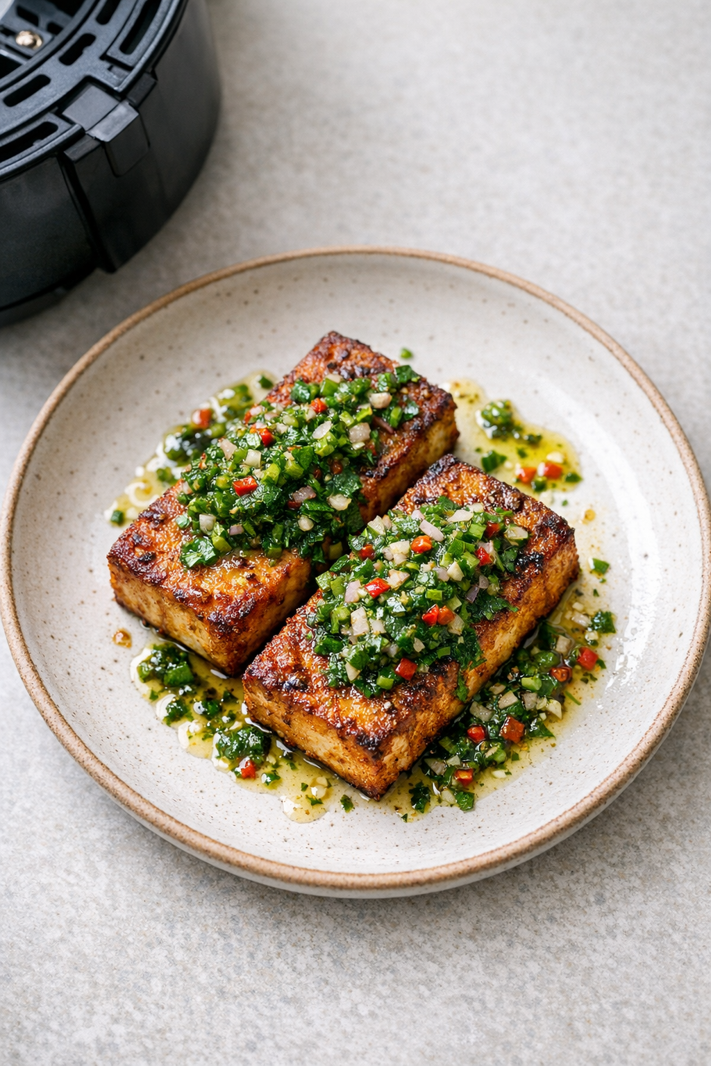 Air Fryer Crispy Tofu Steaks with Chimichurri