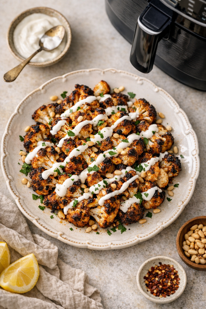 Air Fryer Harissa Roasted Cauliflower with Yogurt Drizzle