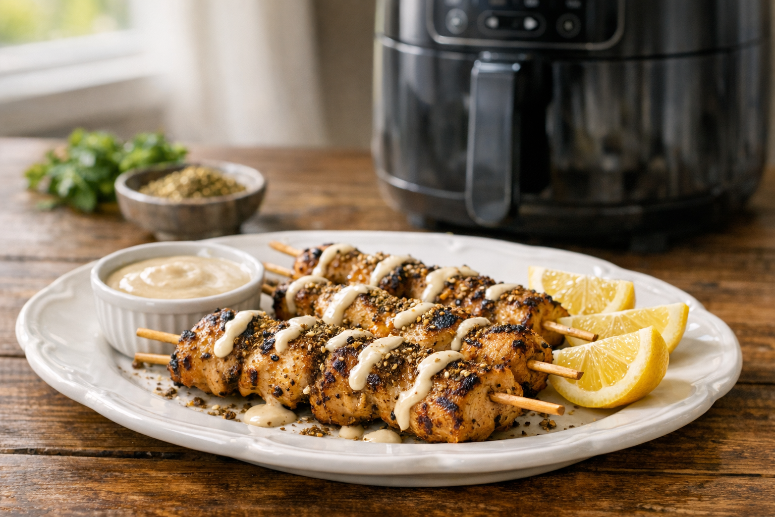 Air Fryer Zaatar Chicken Skewers with Tahini