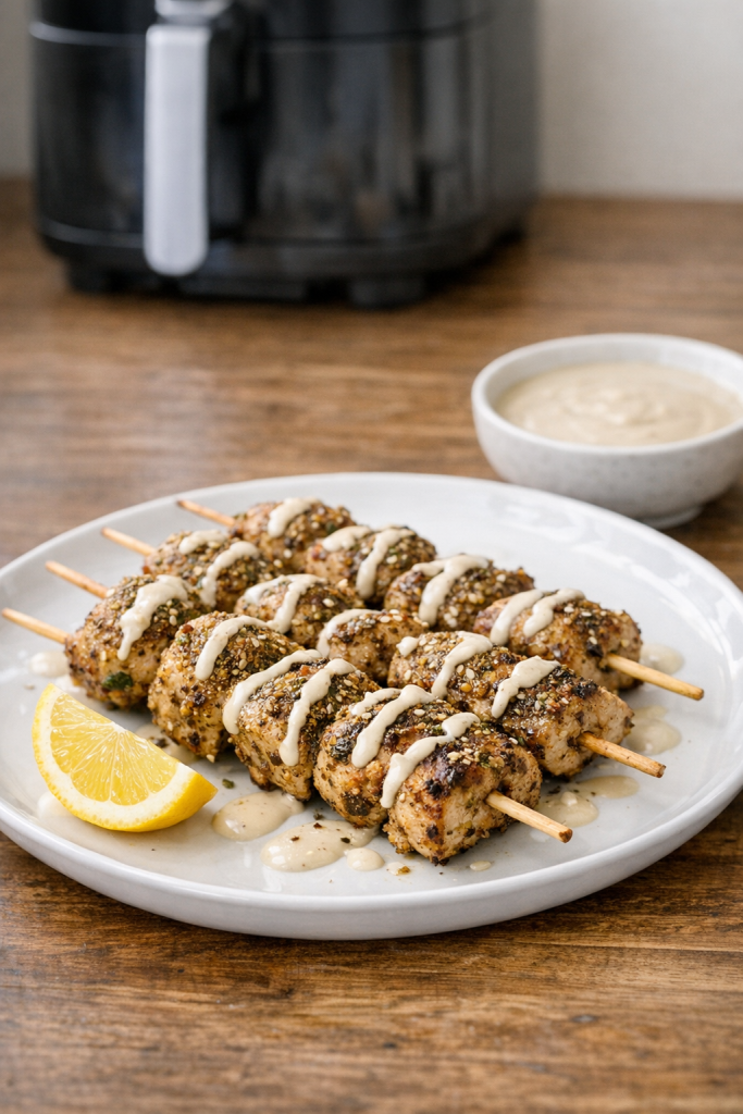 Air Fryer Zaatar Chicken Skewers with Tahini