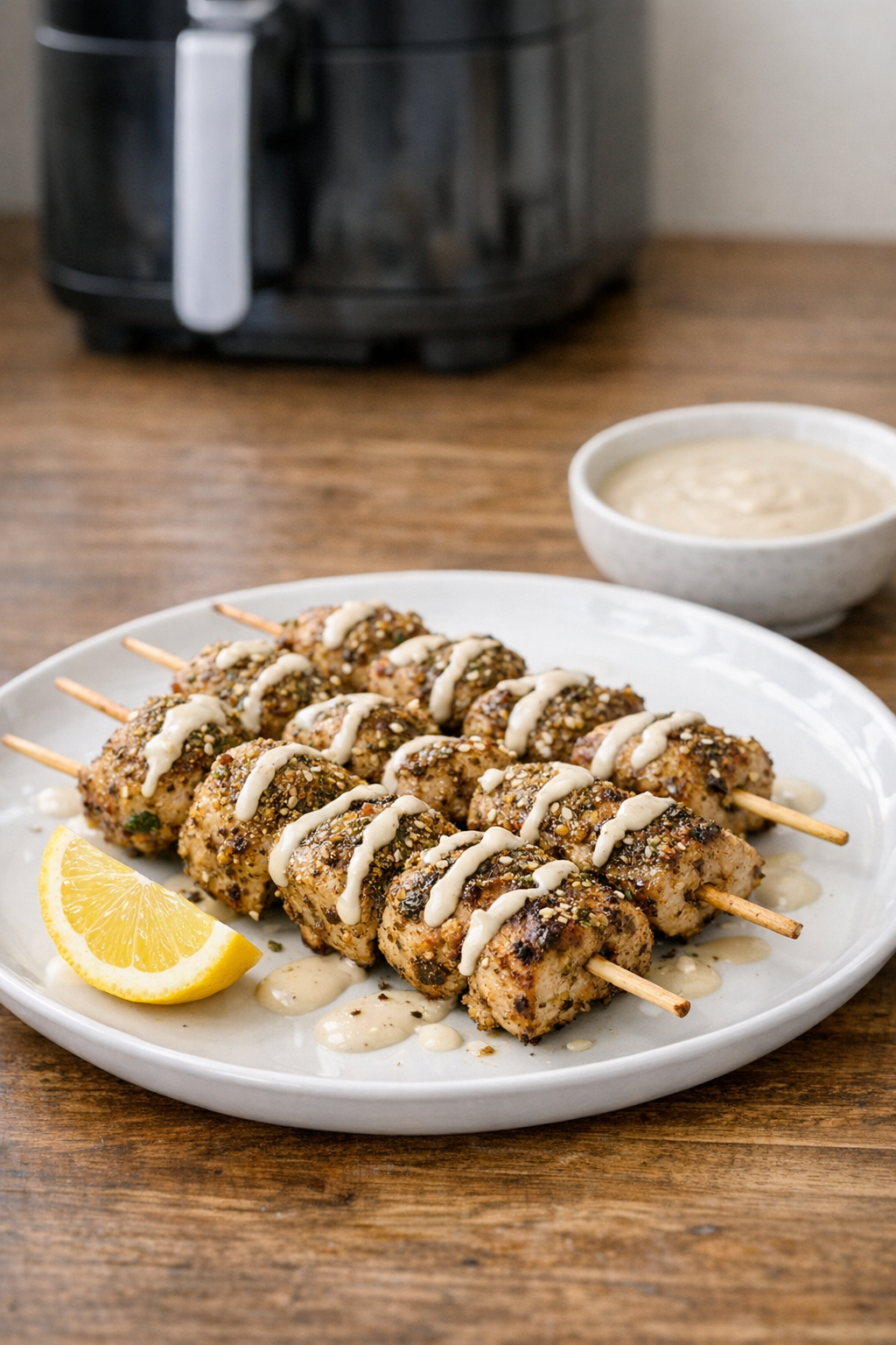 Air Fryer Zaatar Chicken Skewers with Tahini