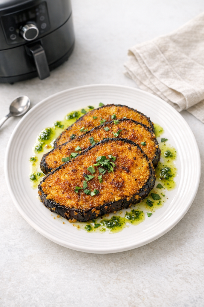 Air Fryer Polenta Crusted Eggplant Steaks with Basil Oil