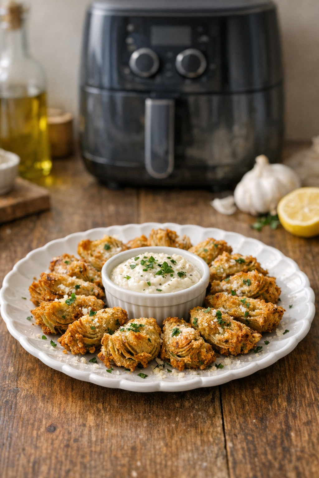 Air Fryer Crispy Artichoke Hearts with Garlic Dip