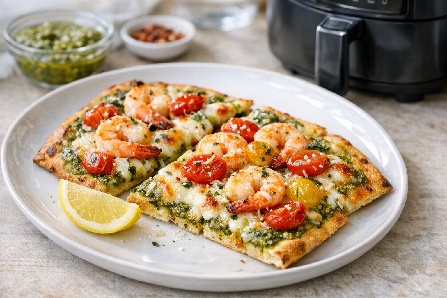 Air Fryer Pesto Shrimp Flatbread with Cherry Tomatoes