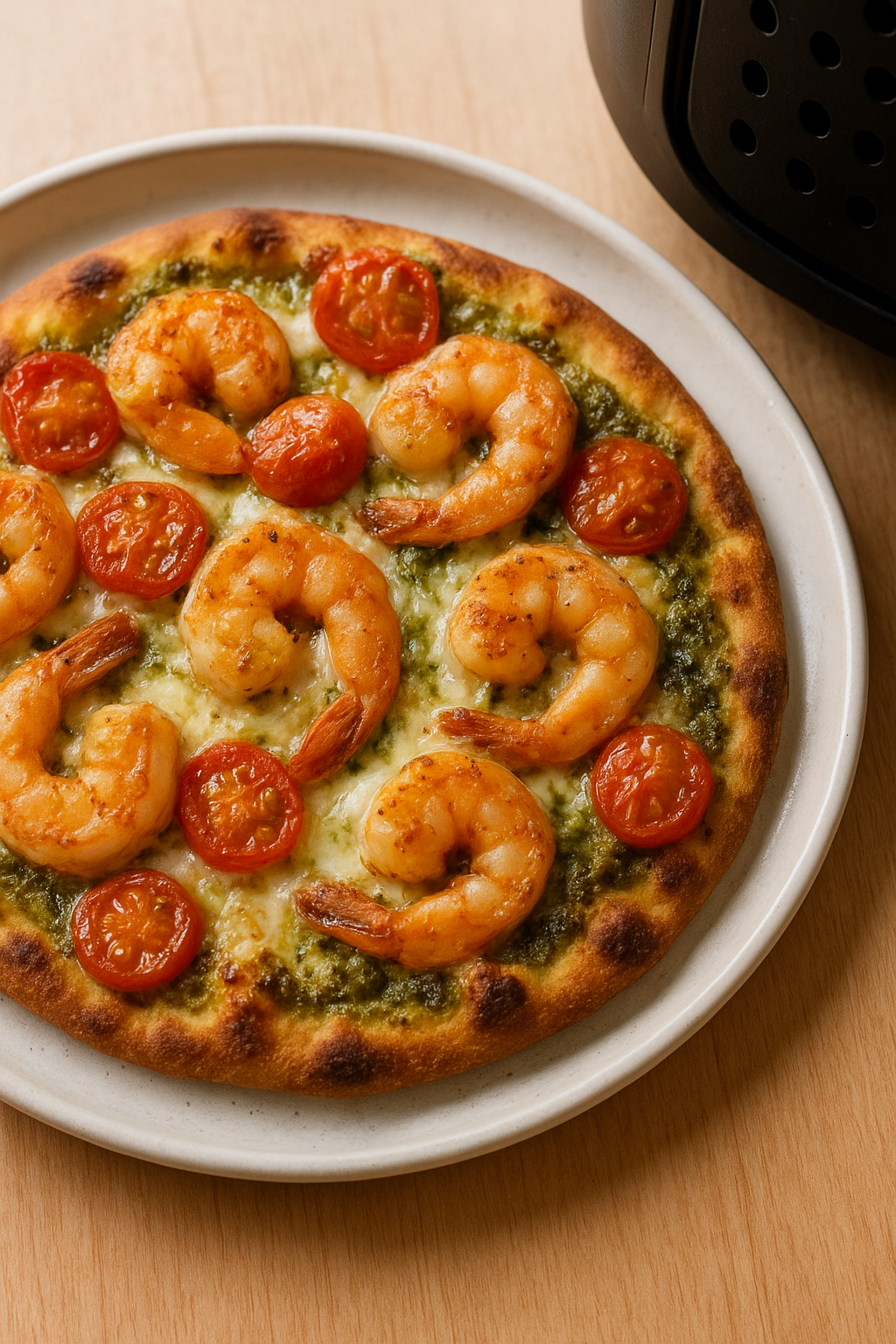 Air Fryer Pesto Shrimp Flatbread with Cherry Tomatoes