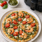 Air Fryer Pesto Shrimp Flatbread with Cherry Tomatoes Air Fryer Pesto Shrimp Flatbread with Cherry Tomatoes