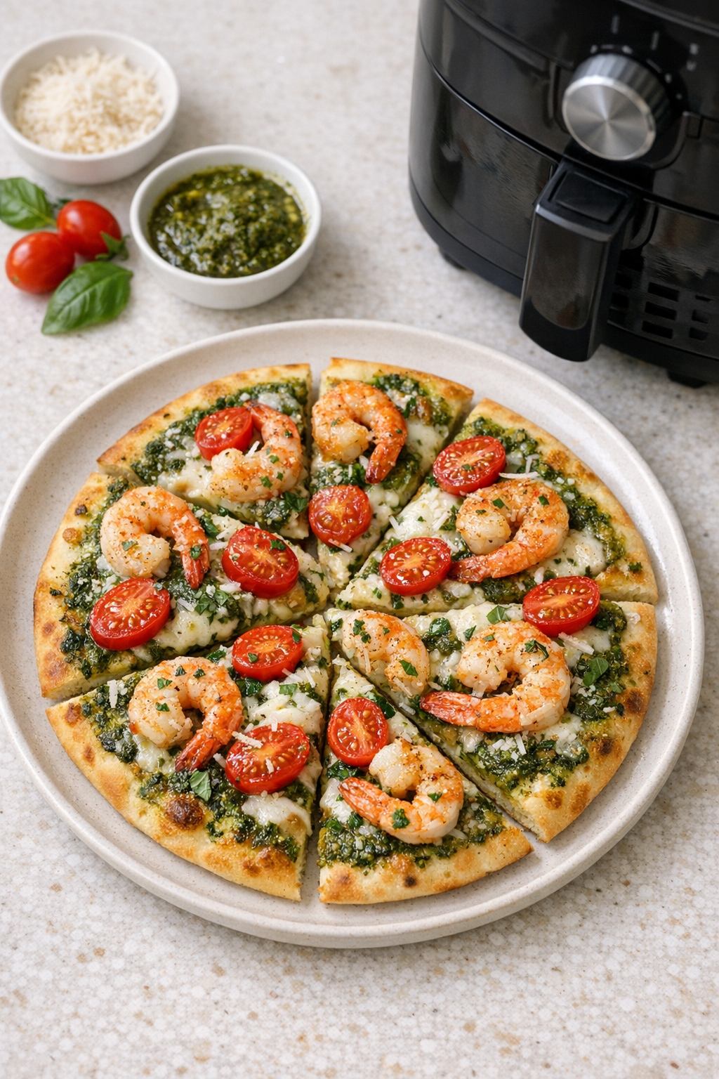 Air Fryer Pesto Shrimp Flatbread with Cherry Tomatoes