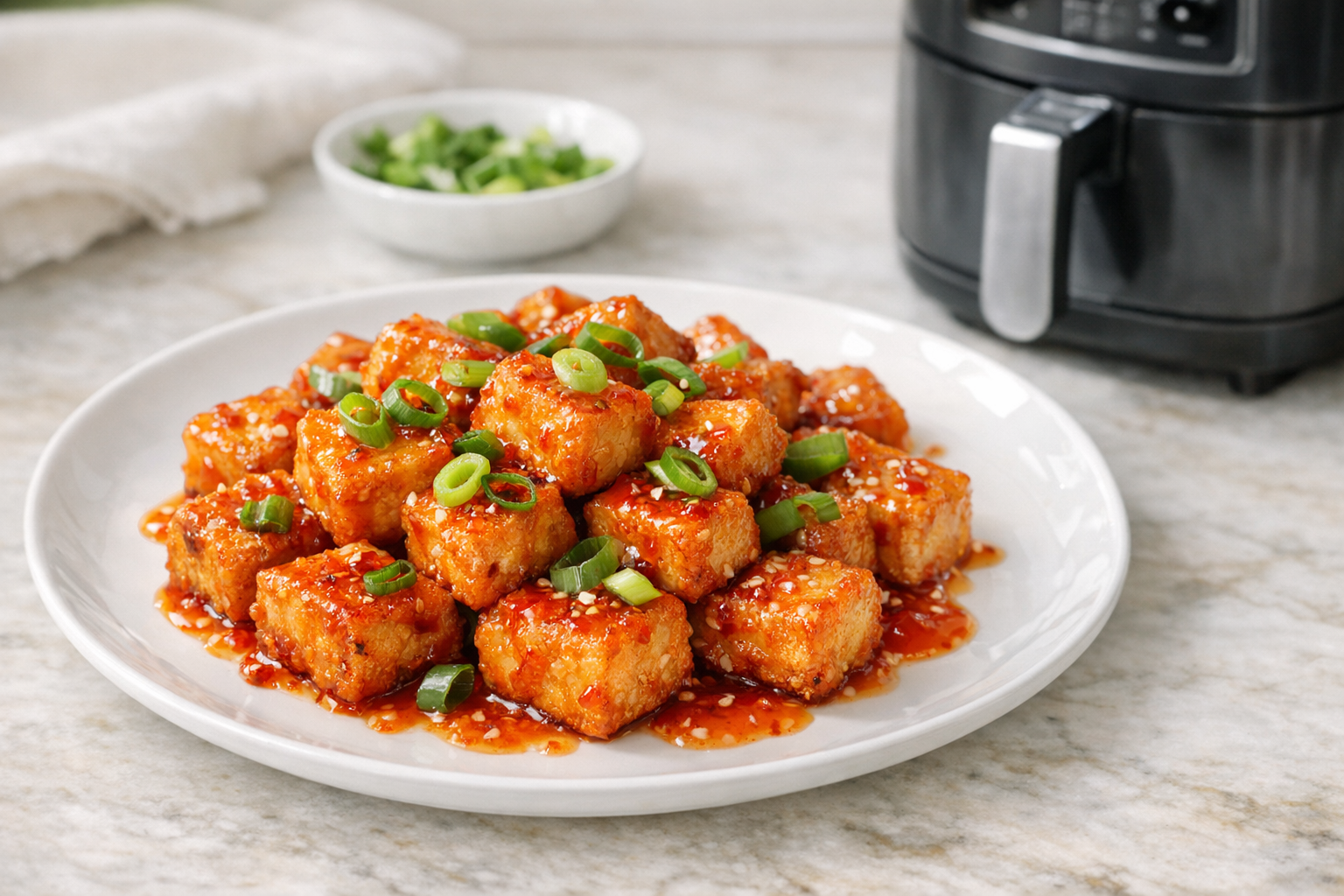Air Fryer Sweet Chili Tofu Bites with Scallions