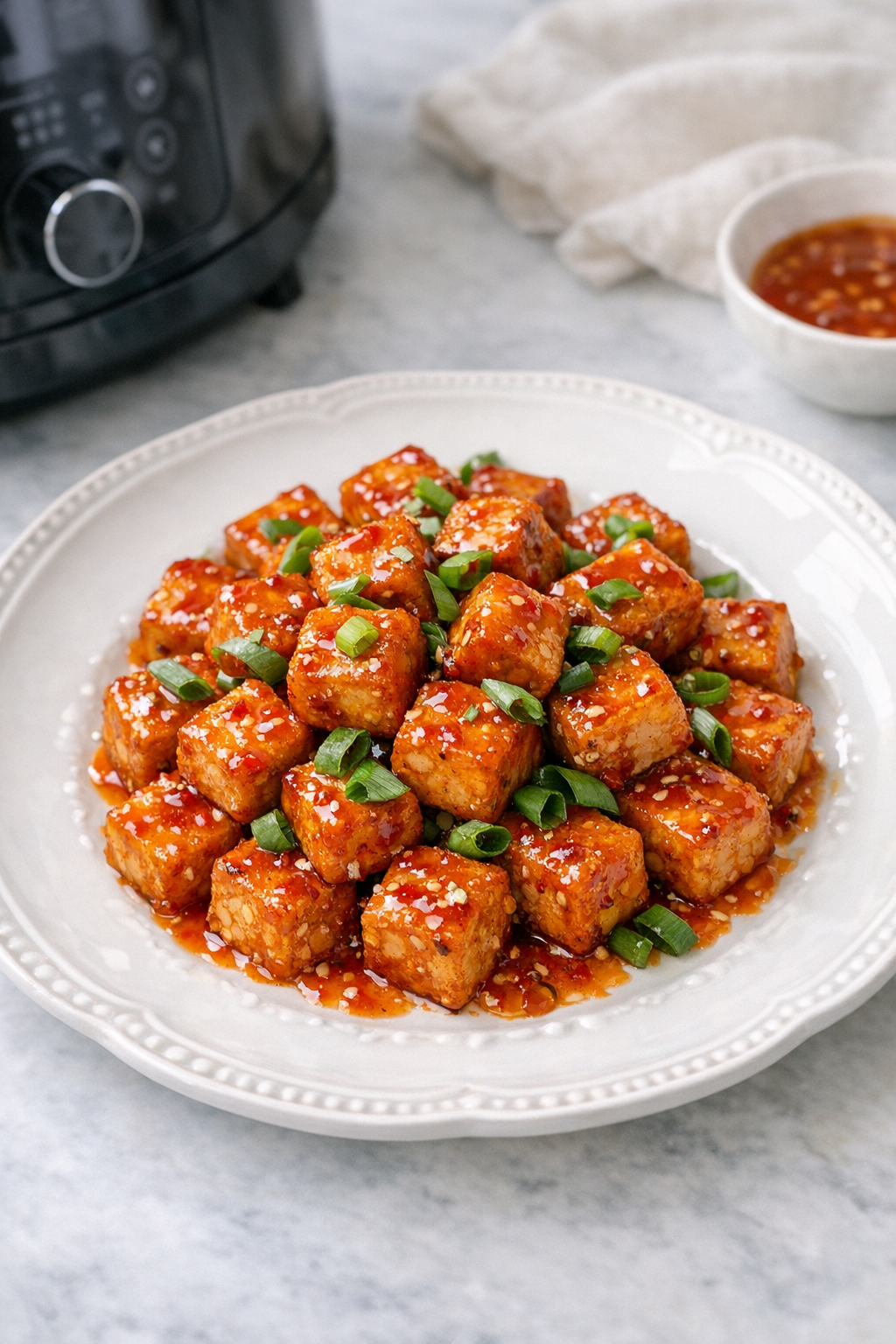 Air Fryer Sweet Chili Tofu Bites with Scallions