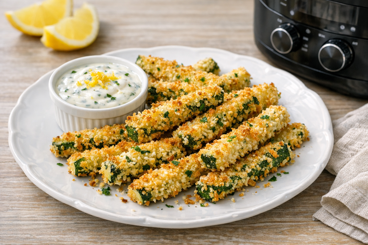 Air Fryer Crispy Zucchini Fries with Lemon Yogurt Sauce