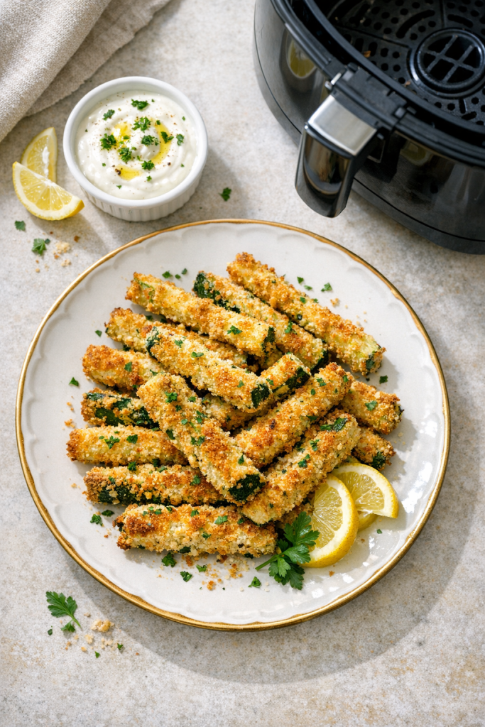 Air Fryer Crispy Zucchini Fries with Lemon Yogurt Sauce