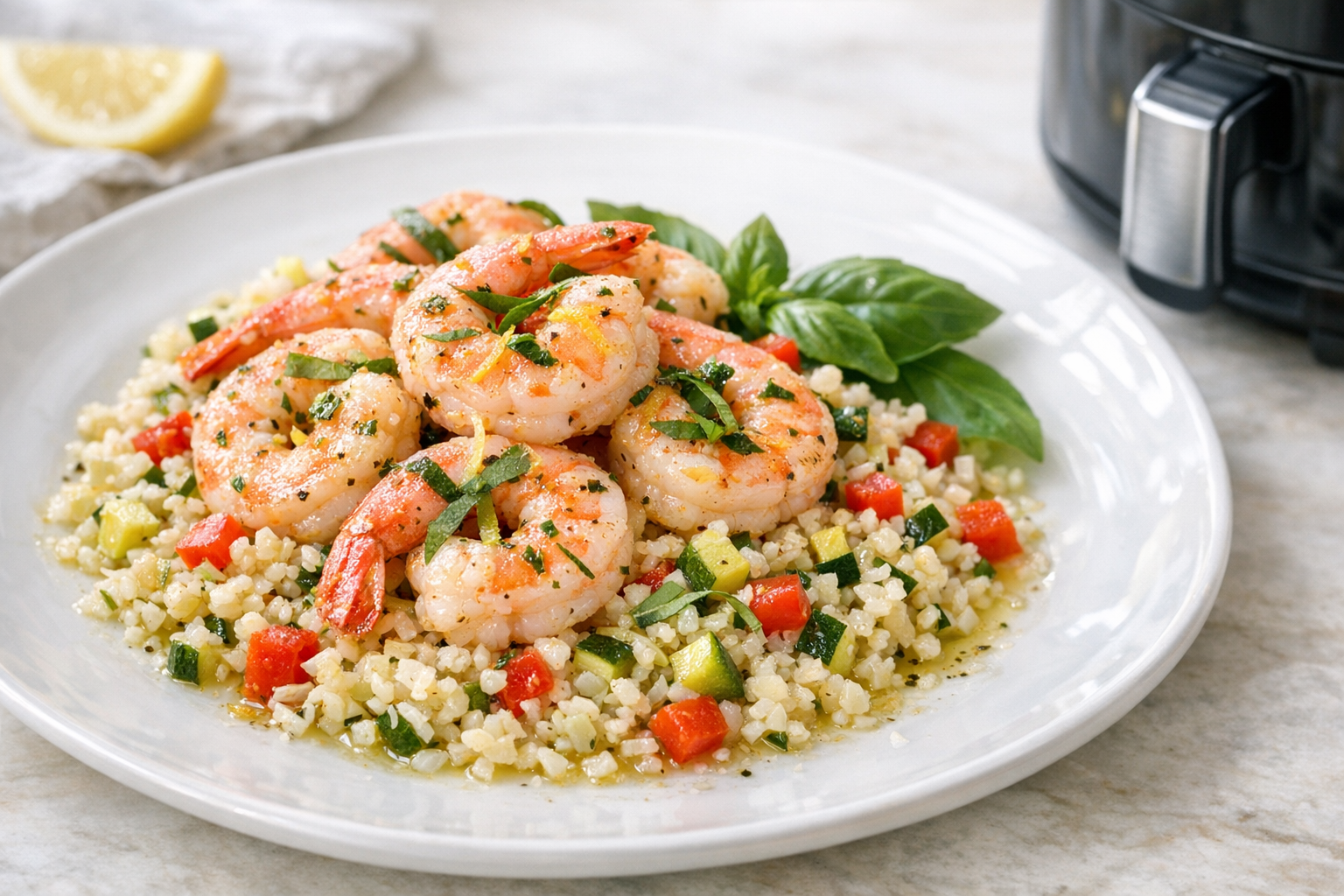 Air Fryer Lemon Basil Shrimp with Orzo-Style Veggies