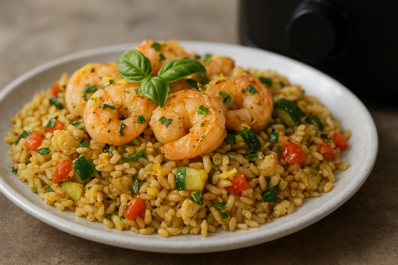 Air Fryer Lemon Basil Shrimp with Orzo-Style Veggies