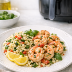 Air Fryer Lemon Basil Shrimp with Orzo Style Veggies