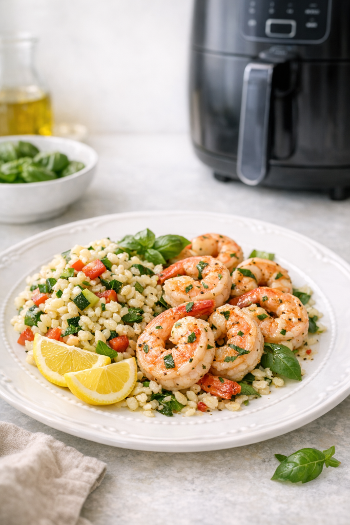 Air Fryer Lemon Basil Shrimp with Orzo Style Veggies