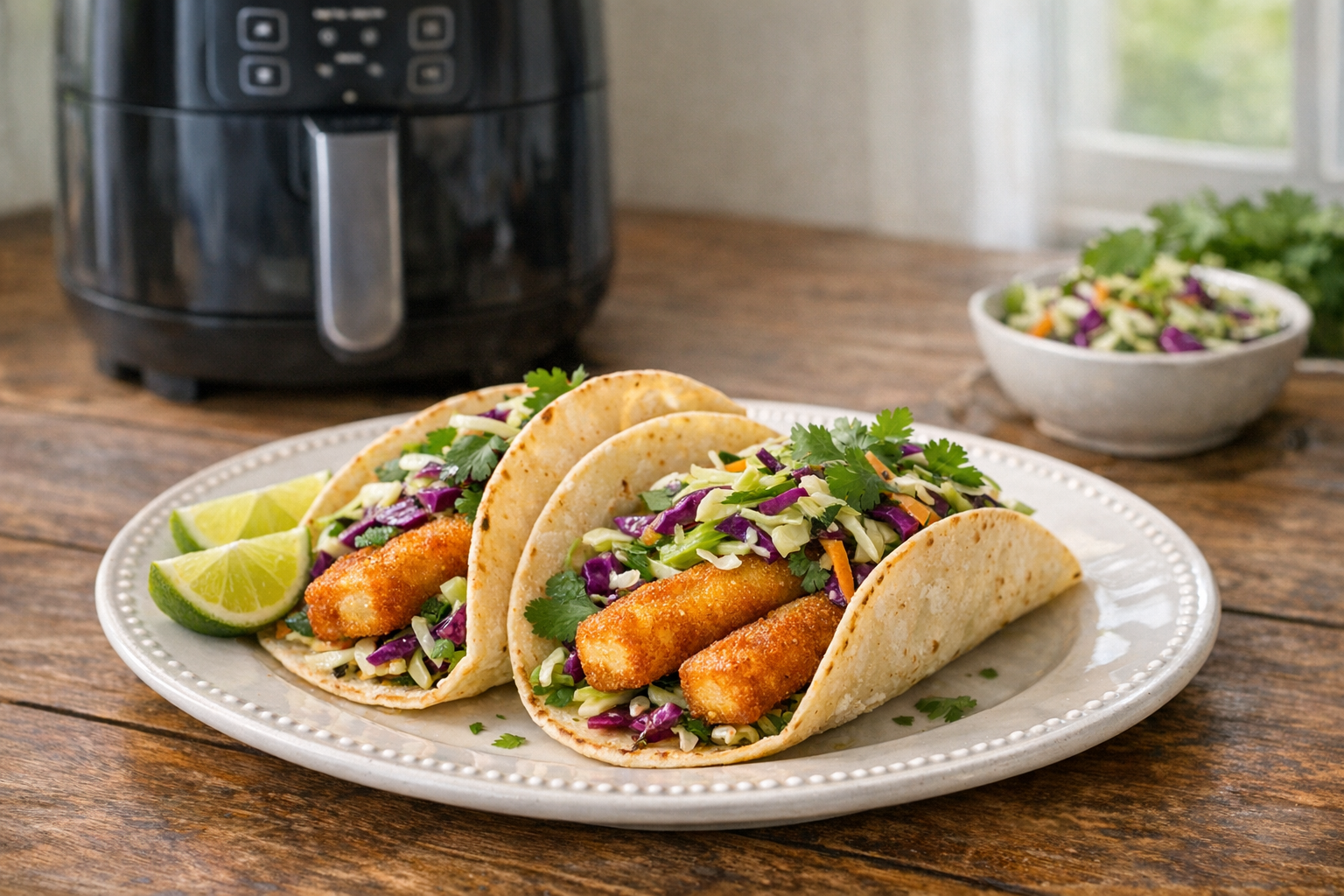 Air Fryer Crispy Halloumi Tacos with Cabbage Slaw