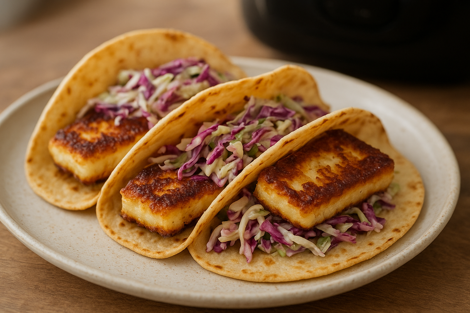 Air Fryer Crispy Halloumi Tacos with Cabbage Slaw