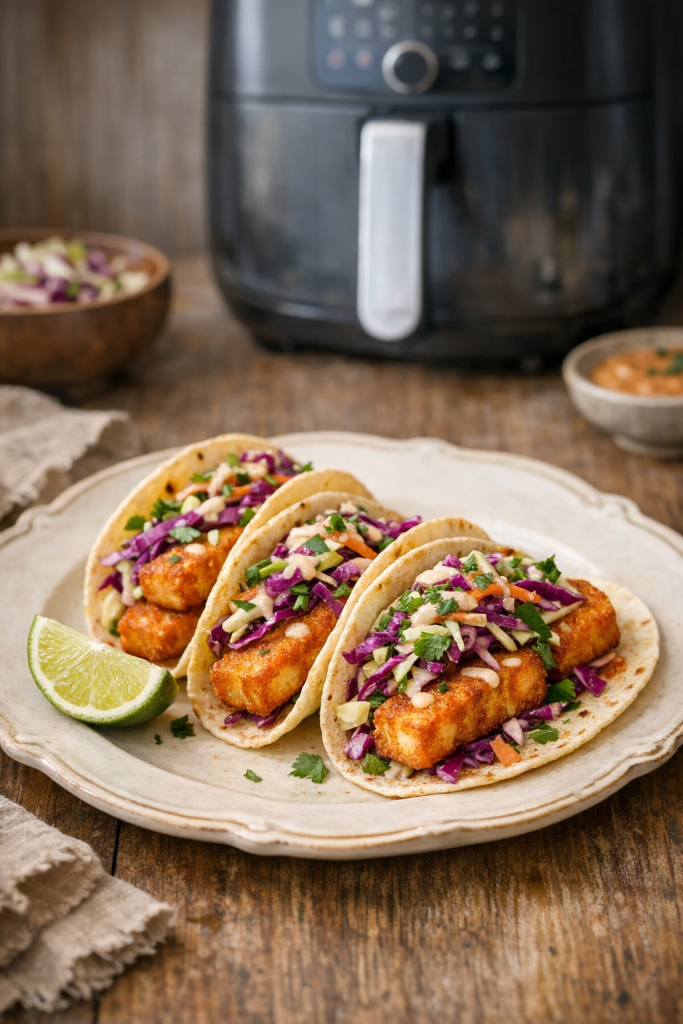 Air Fryer Crispy Halloumi Tacos with Cabbage Slaw