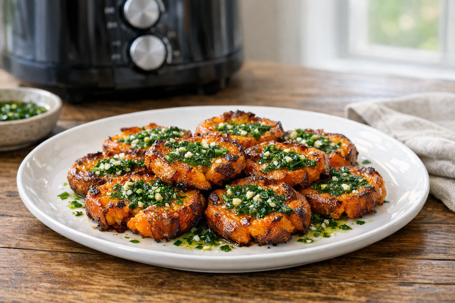 Air Fryer Crispy Smashed Sweet Potatoes with Herb Oil
