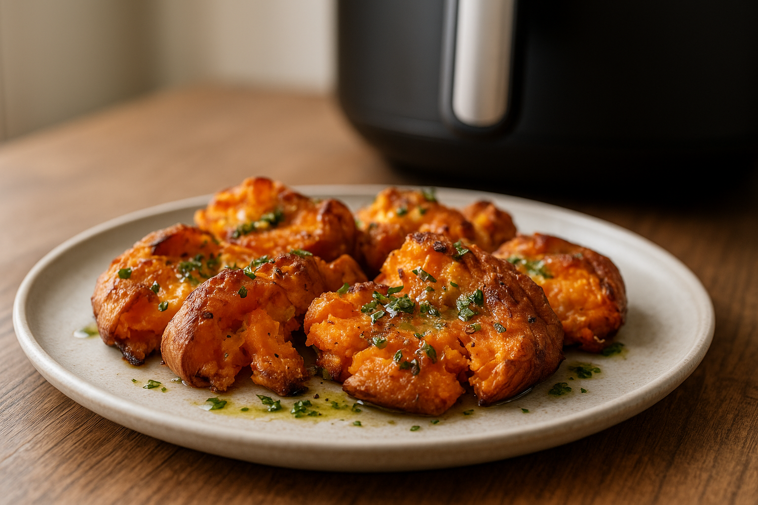 Air Fryer Crispy Smashed Sweet Potatoes with Herb Oil