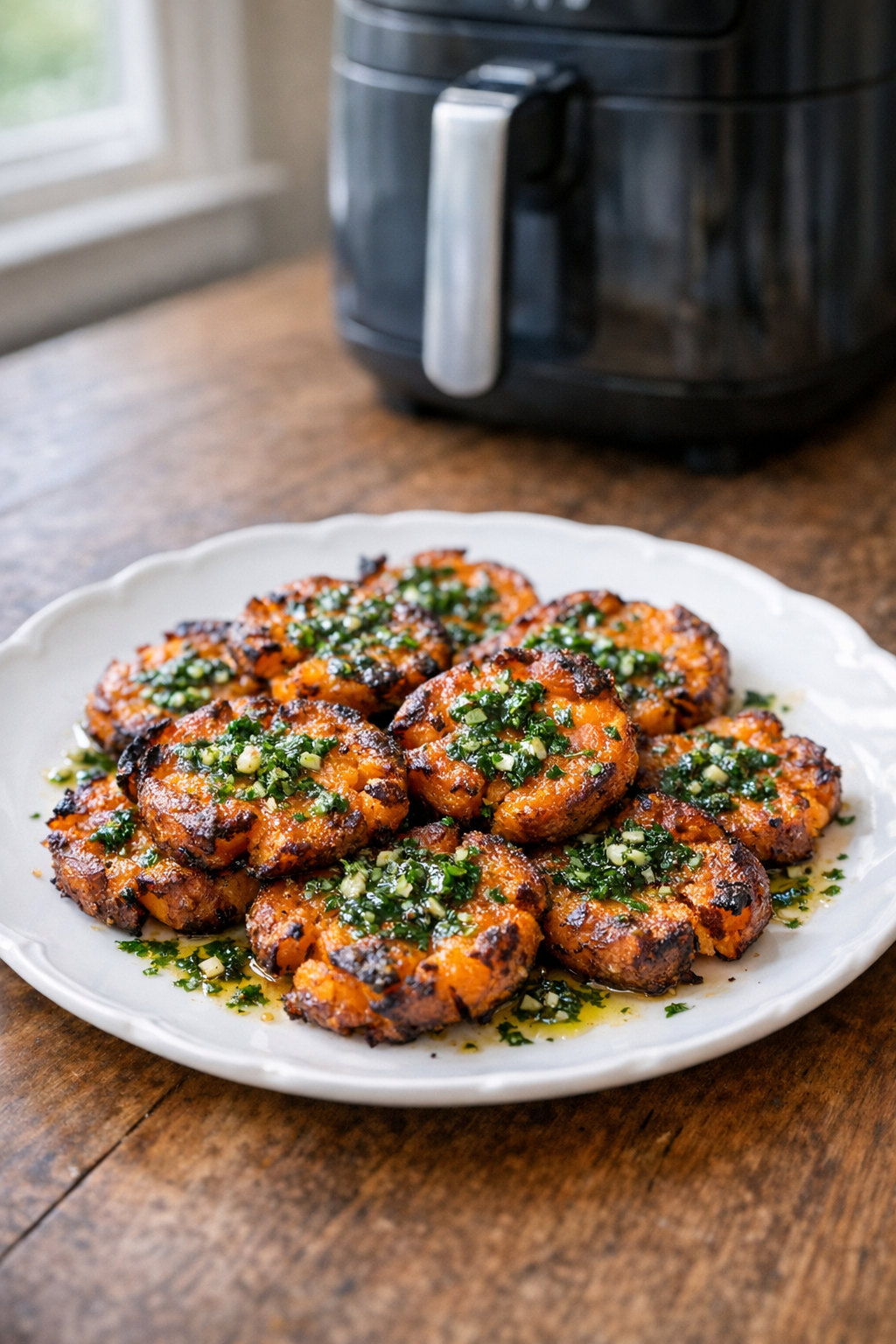 Air Fryer Crispy Smashed Sweet Potatoes with Herb Oil