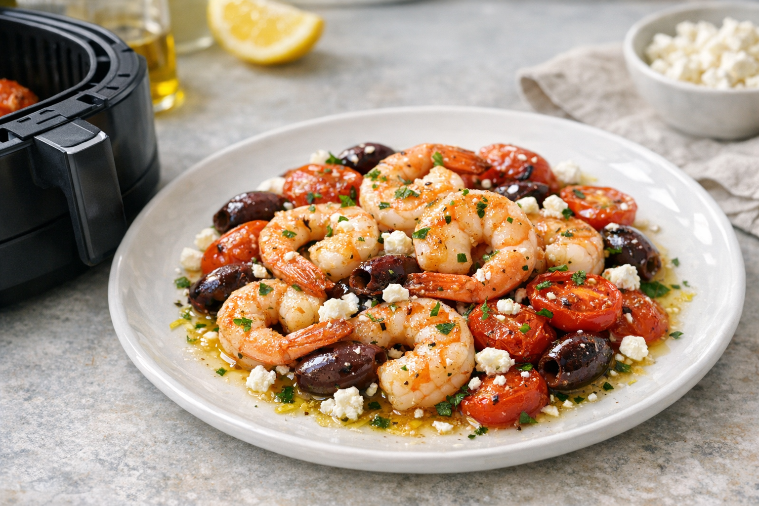 Air Fryer Mediterranean Shrimp with Tomatoes & Olives
