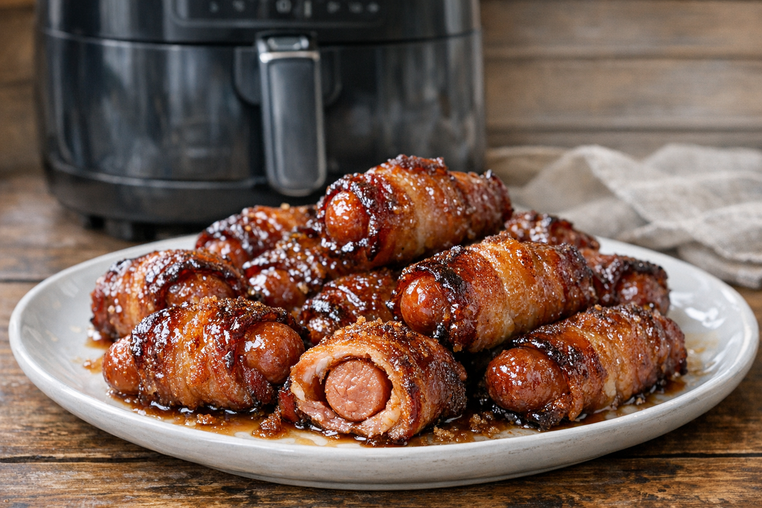 Air Fryer Bacon Wrapped Smokies with Brown Sugar Glaze