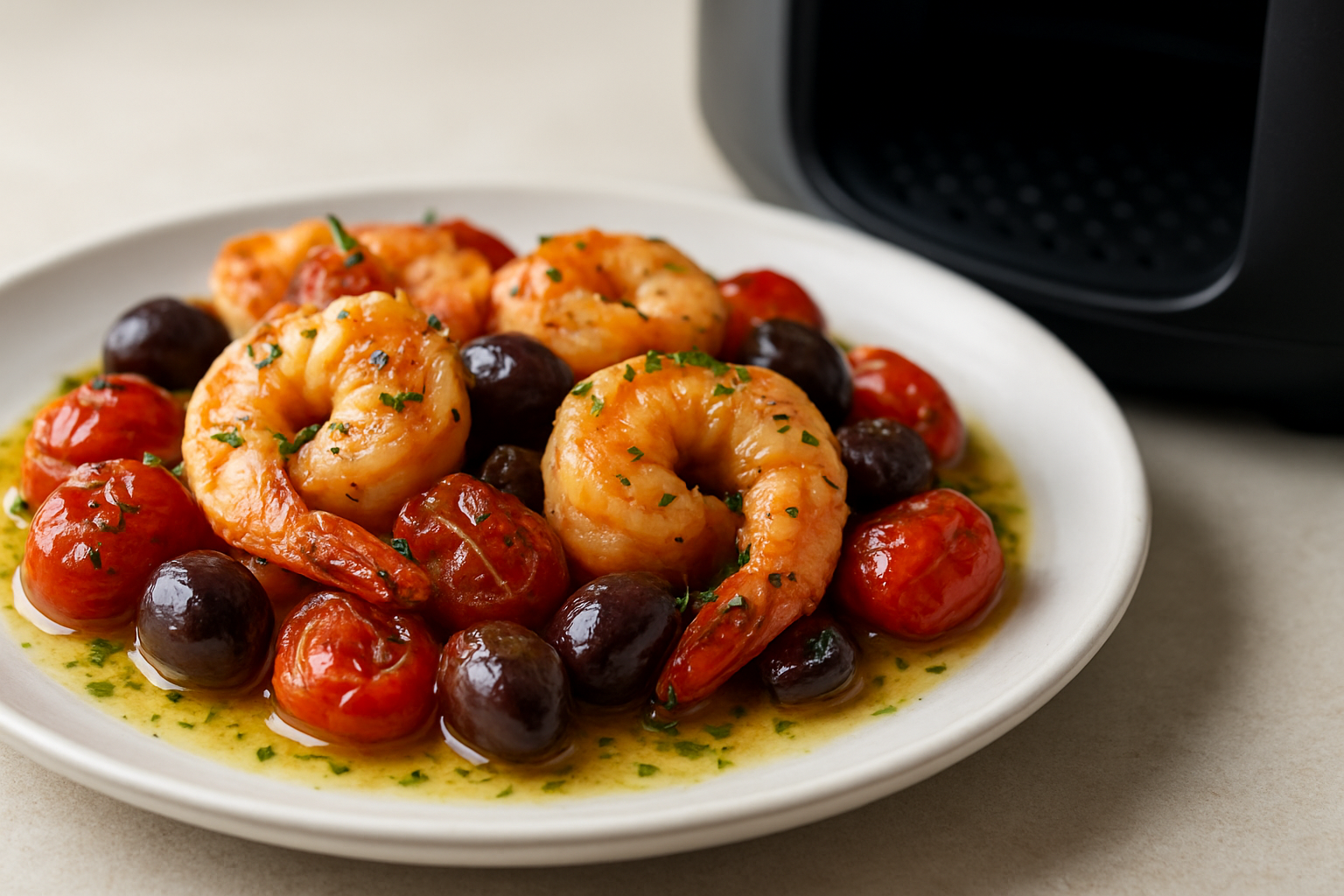 Air Fryer Mediterranean Shrimp with Tomatoes & Olives