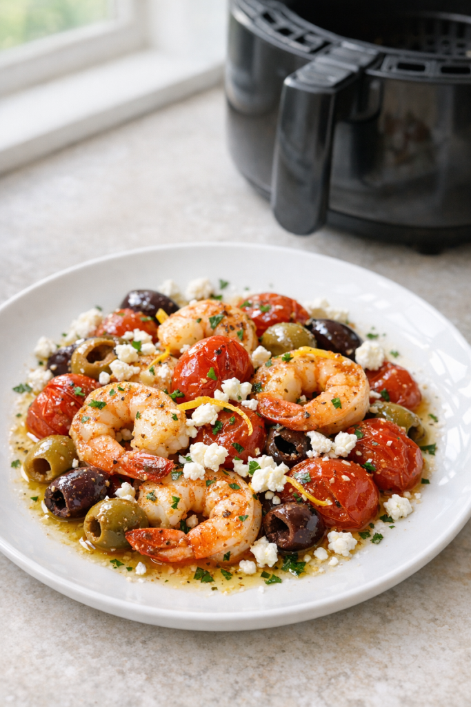 Air Fryer Mediterranean Shrimp with Tomatoes and Olives