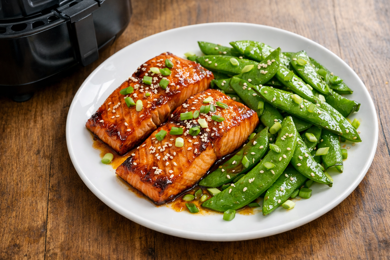 Air Fryer Orange Ginger Salmon with Snow Peas