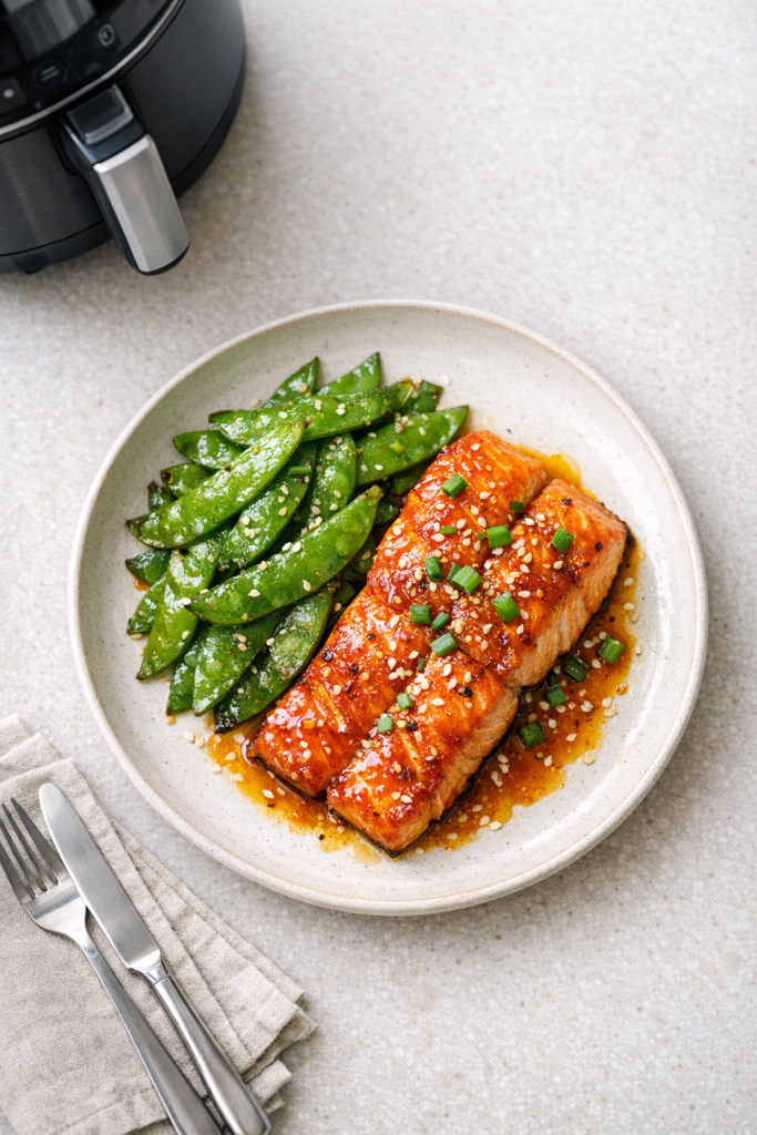 Air Fryer Orange Ginger Salmon with Snow Peas