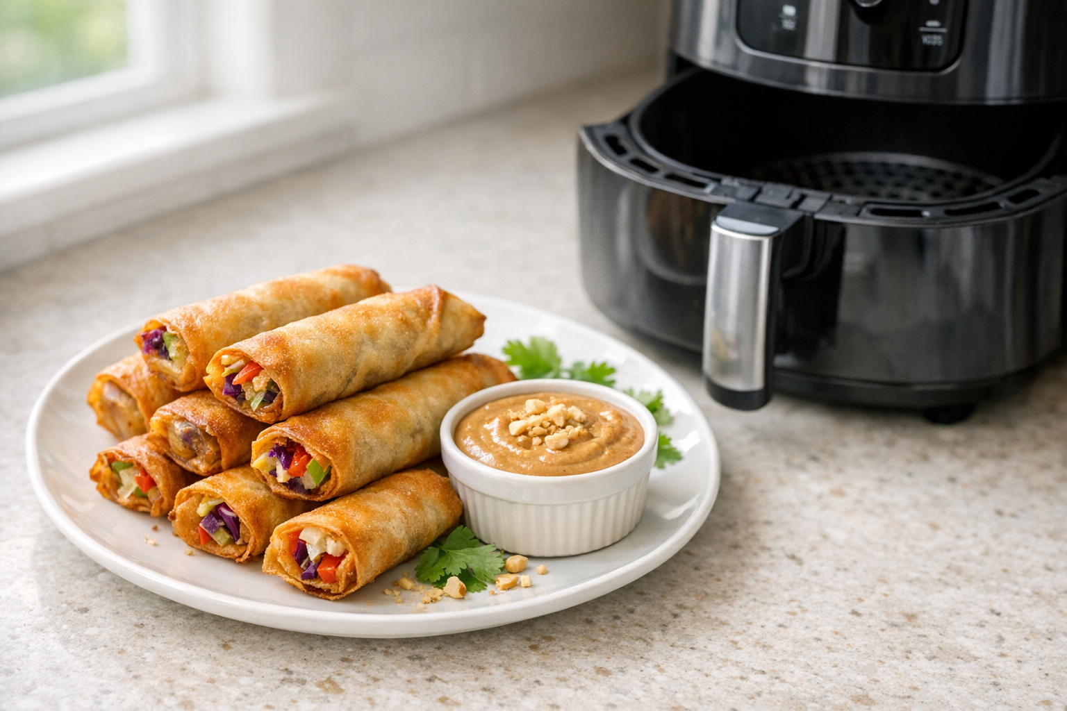 Air Fryer Veggie Spring Rolls with Peanut Dip
