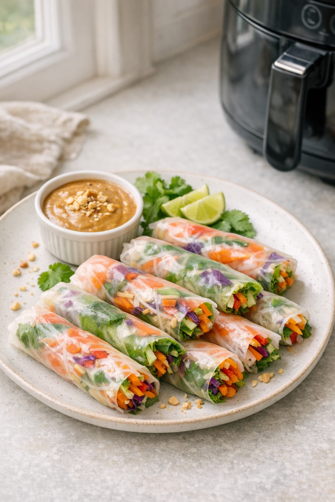 Air Fryer Veggie Spring Rolls with Peanut Dip