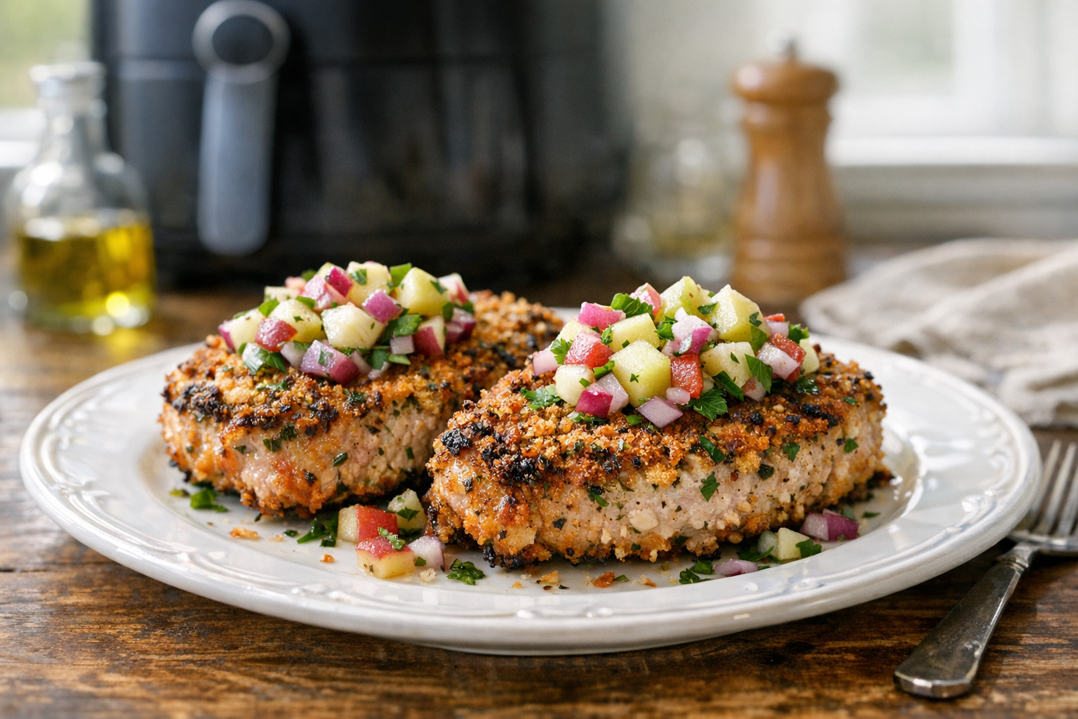 Air Fryer Herb Crusted Pork Chops + Apple Relish