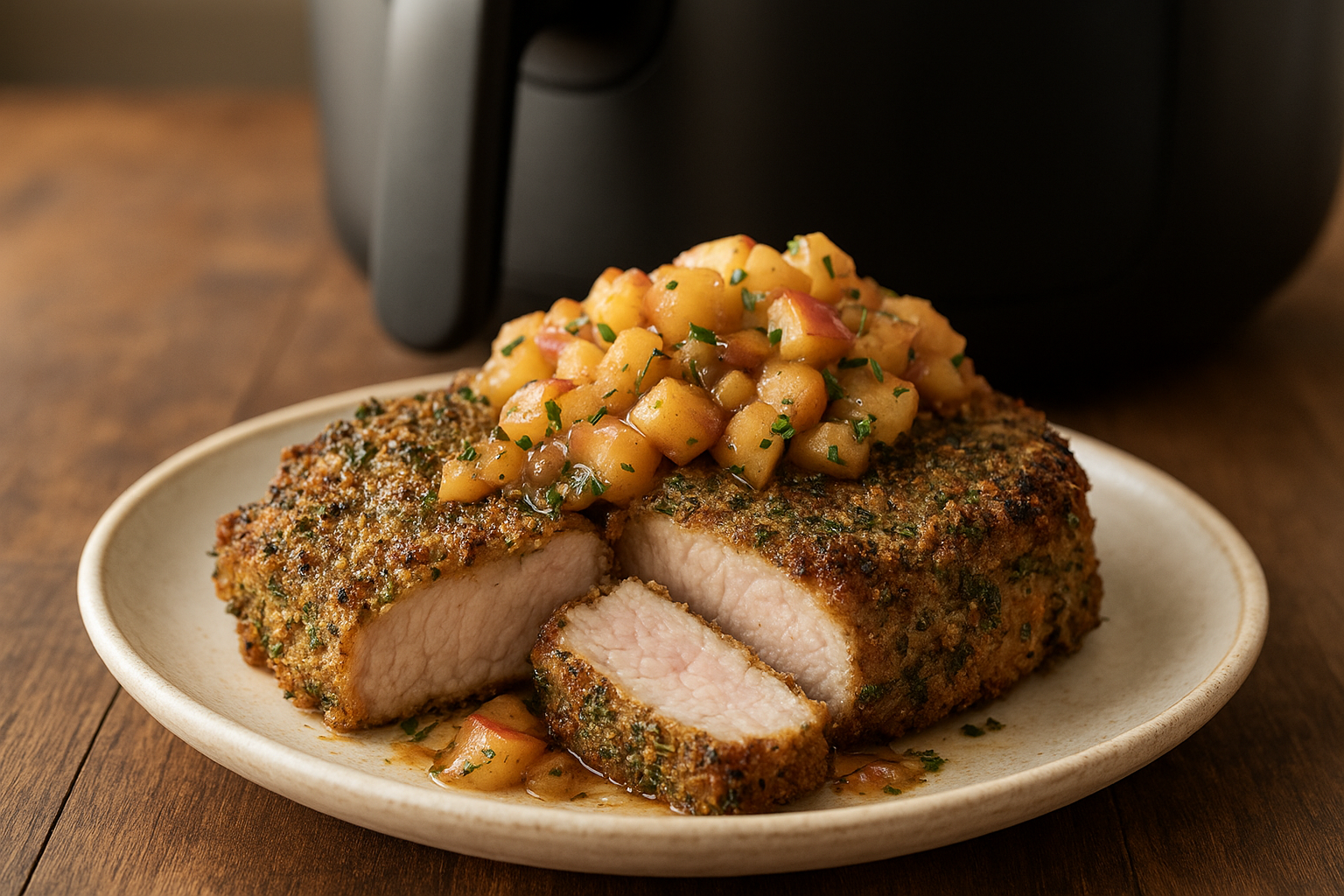 Air Fryer Herb Crusted Pork Chops + Apple Relish