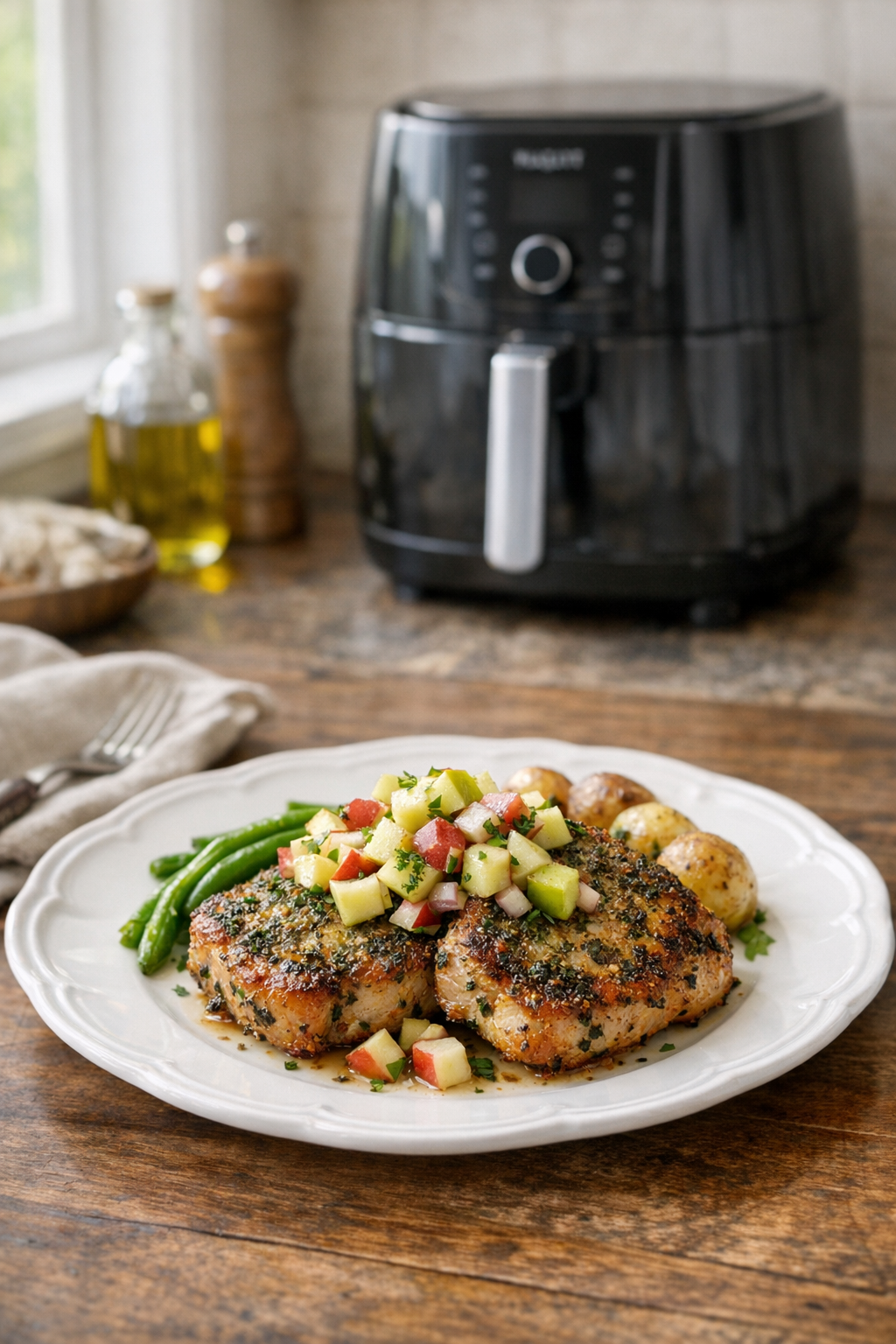 Air Fryer Herb Crusted Pork Chops + Apple Relish
