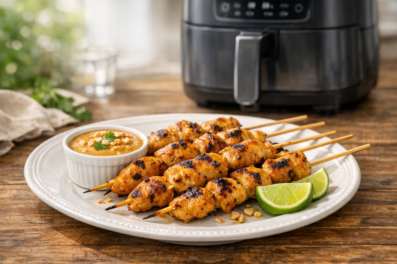 Air Fryer Chicken Satay with Peanut Lime Sauce