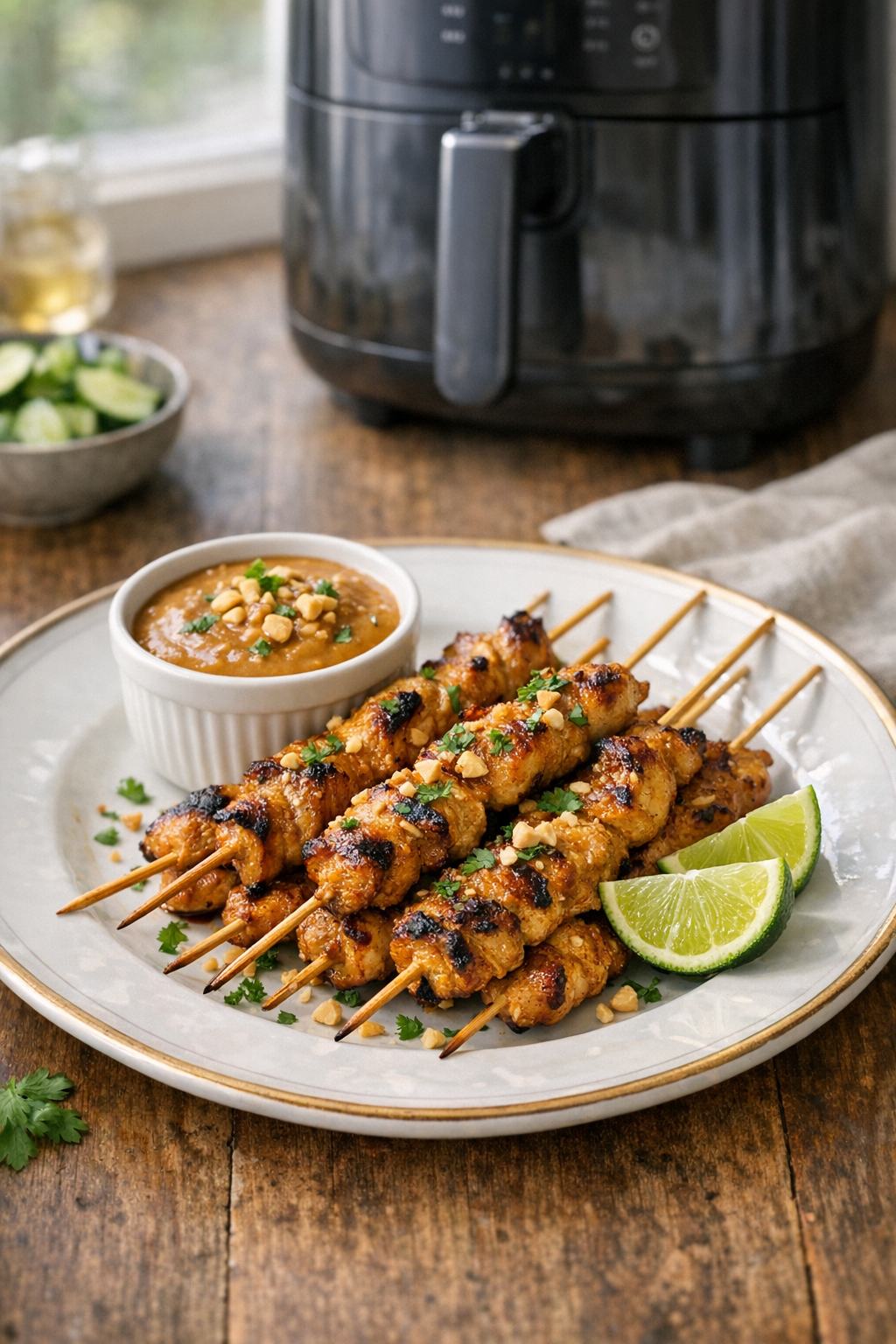 Air Fryer Chicken Satay with Peanut Lime Sauce