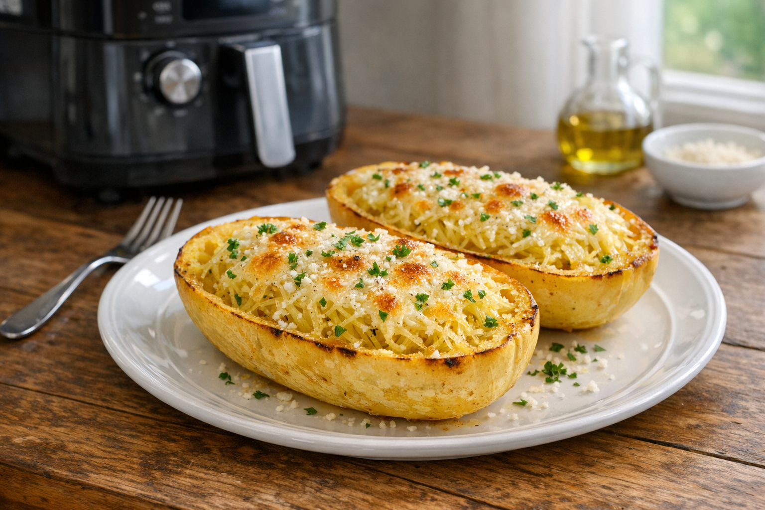 Air Fryer Garlic Parmesan Spaghetti Squash Boats