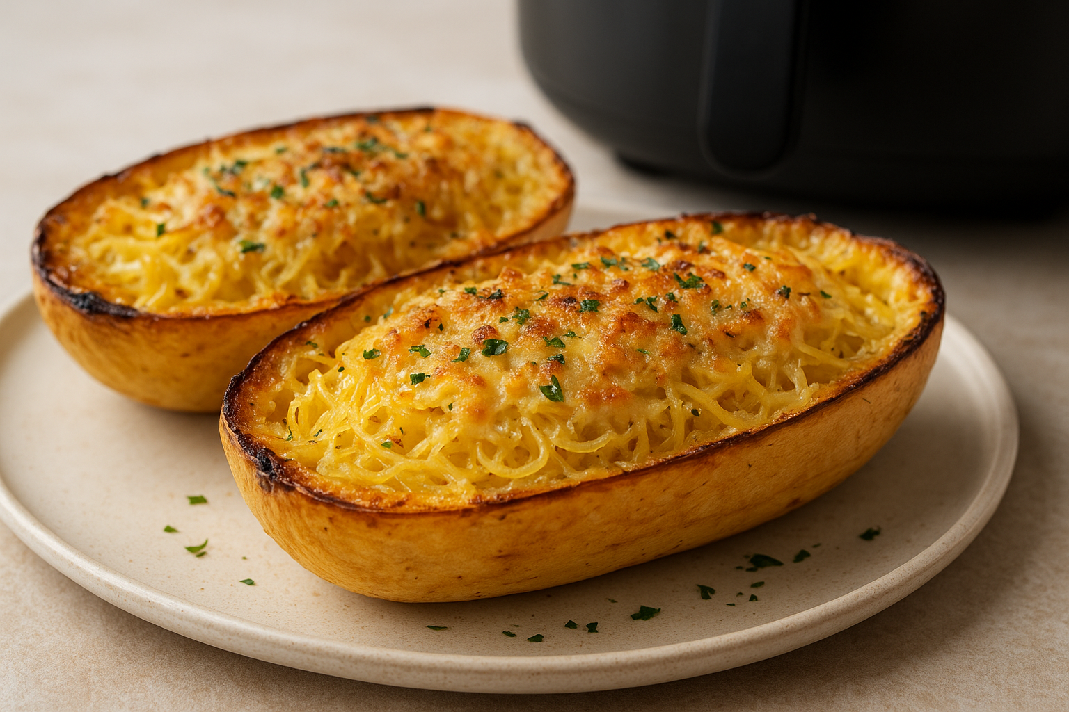 Air Fryer Garlic Parmesan Spaghetti Squash Boats