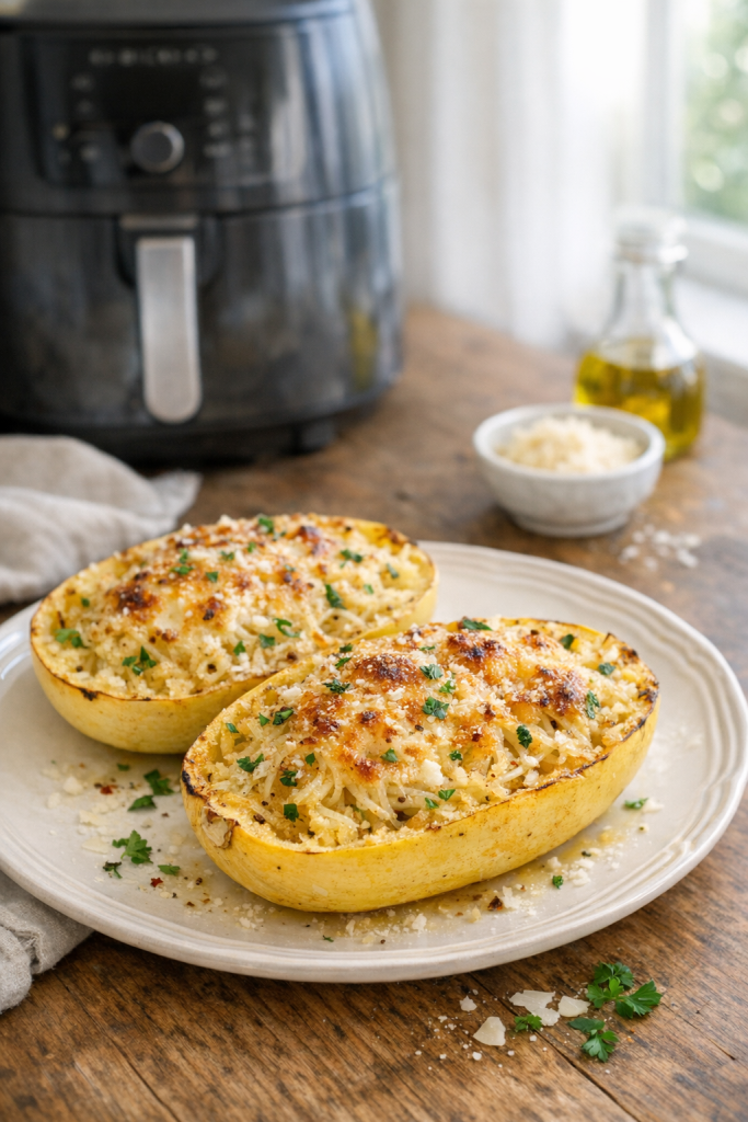 Air Fryer Garlic Parmesan Spaghetti Squash Boats