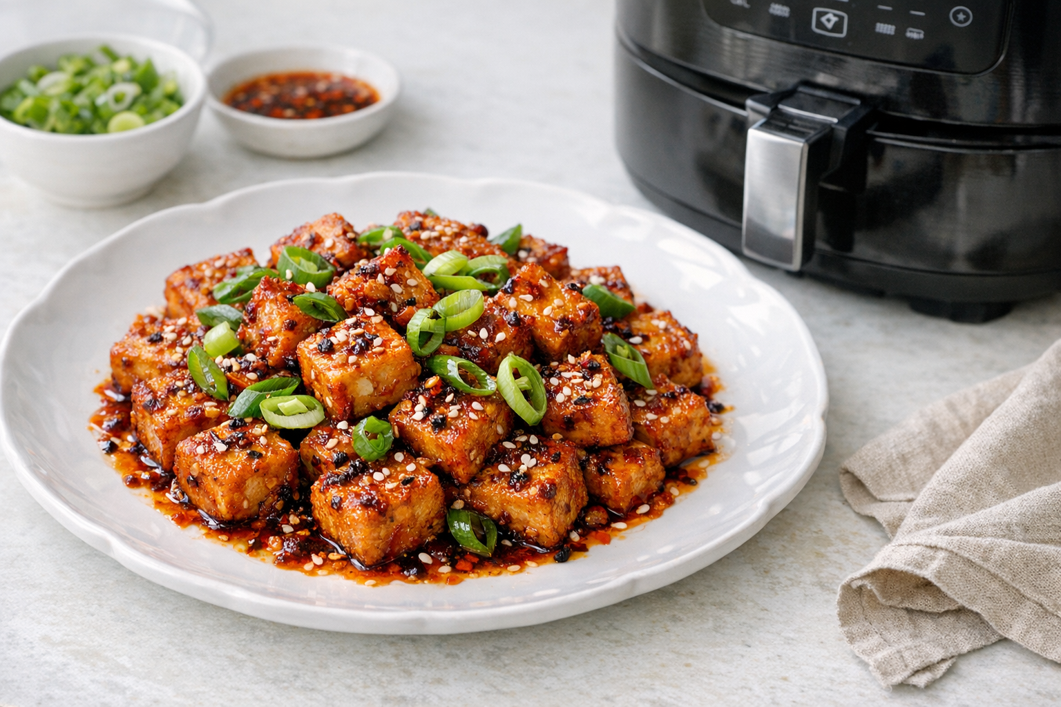Air Fryer Chili Crisp Tofu with Scallions