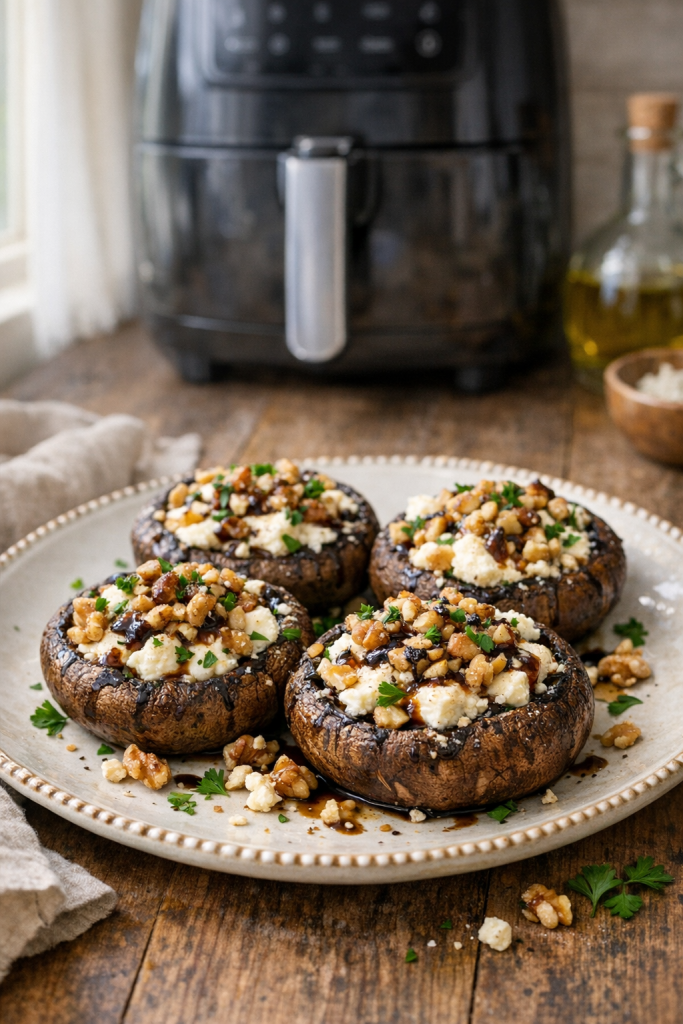 Air Fryer Stuffed Portobello Mushrooms with Goat Cheese and Walnuts