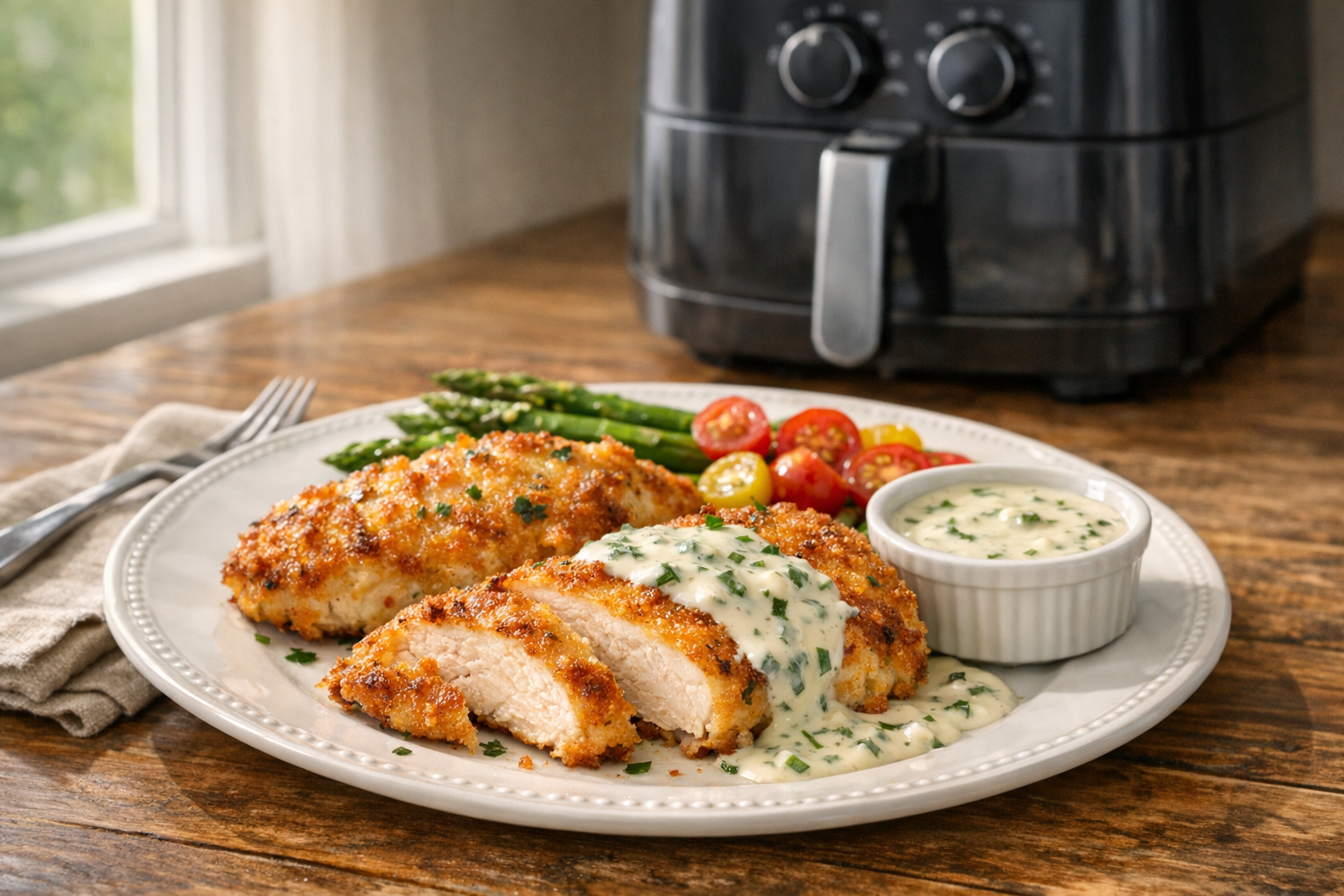Air Fryer Parmesan Chicken Cutlets with Herb Cream Sauce