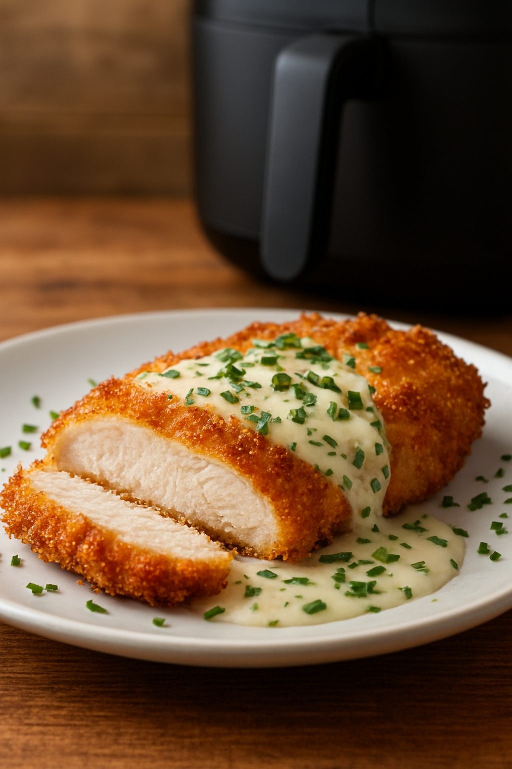 Air Fryer Parmesan Chicken Cutlets with Herb Cream Sauce