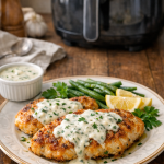 Air Fryer Chicken Cutlets with Parmesan Crust and Herb Cream Sauce