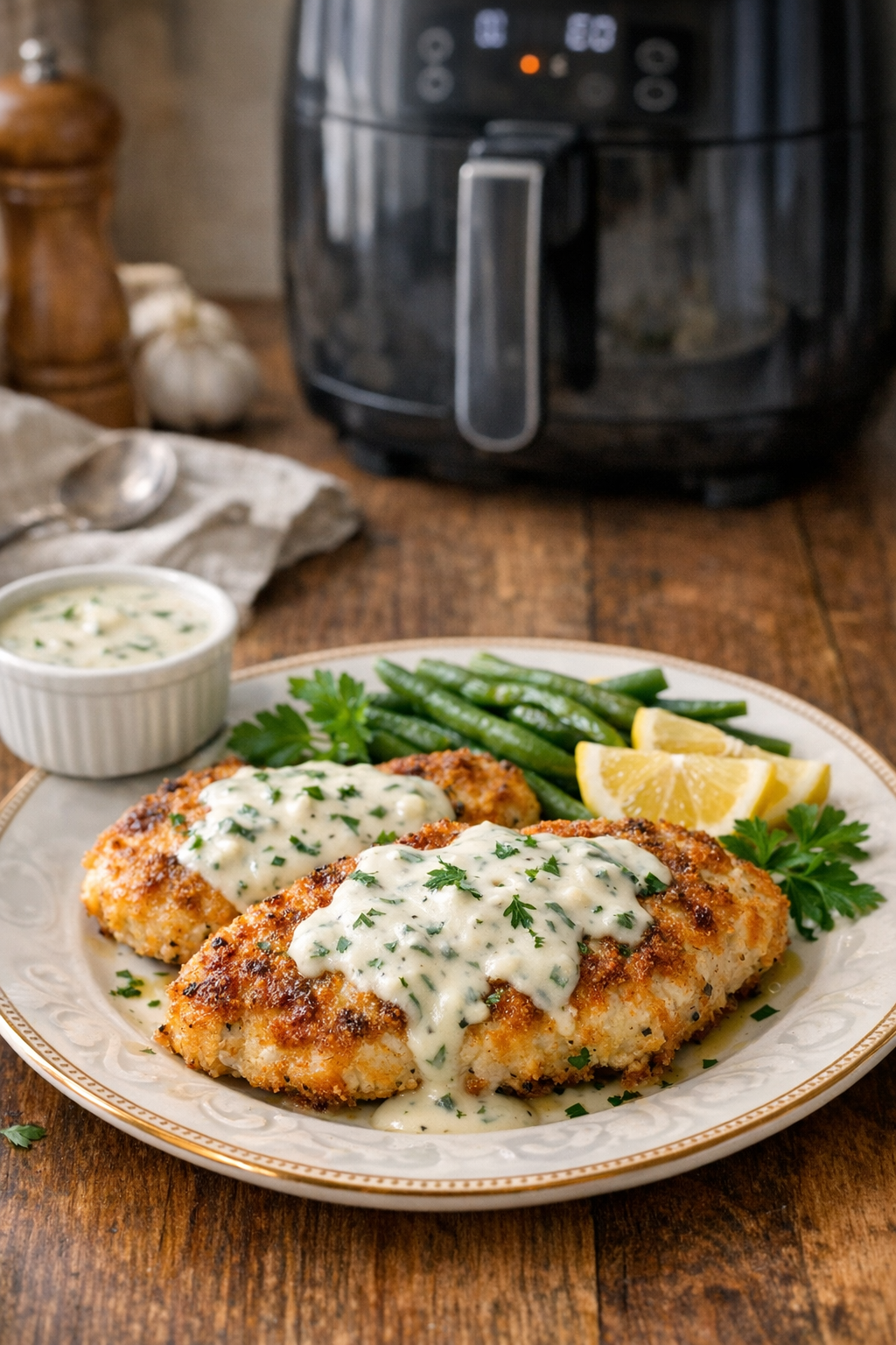 Air Fryer Parmesan Chicken Cutlets with Herb Cream Sauce