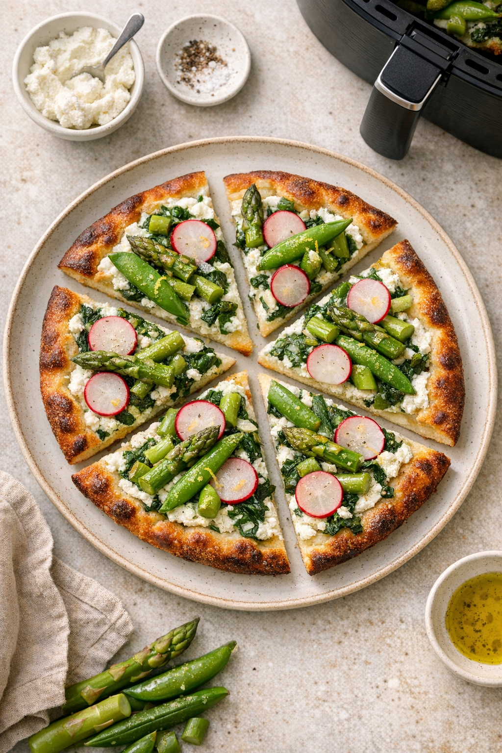 Air Fryer Spring Vegetable Flatbread (Ricotta + Spinach)