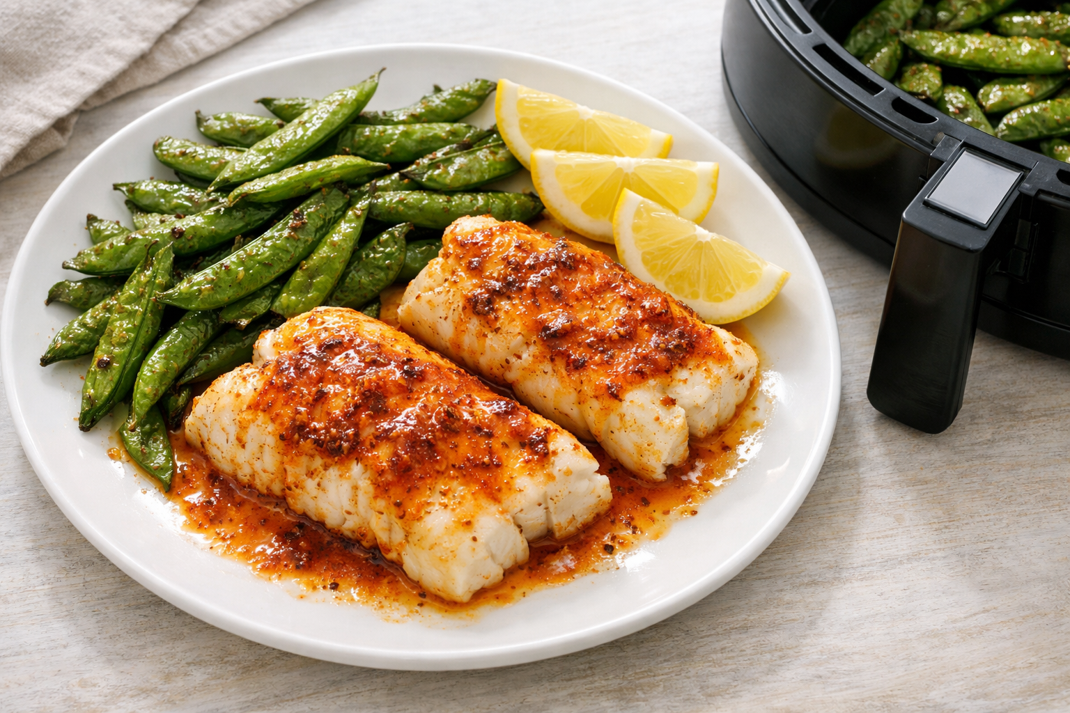 Air Fryer Cod Fillets with Paprika Butter & Snap Peas