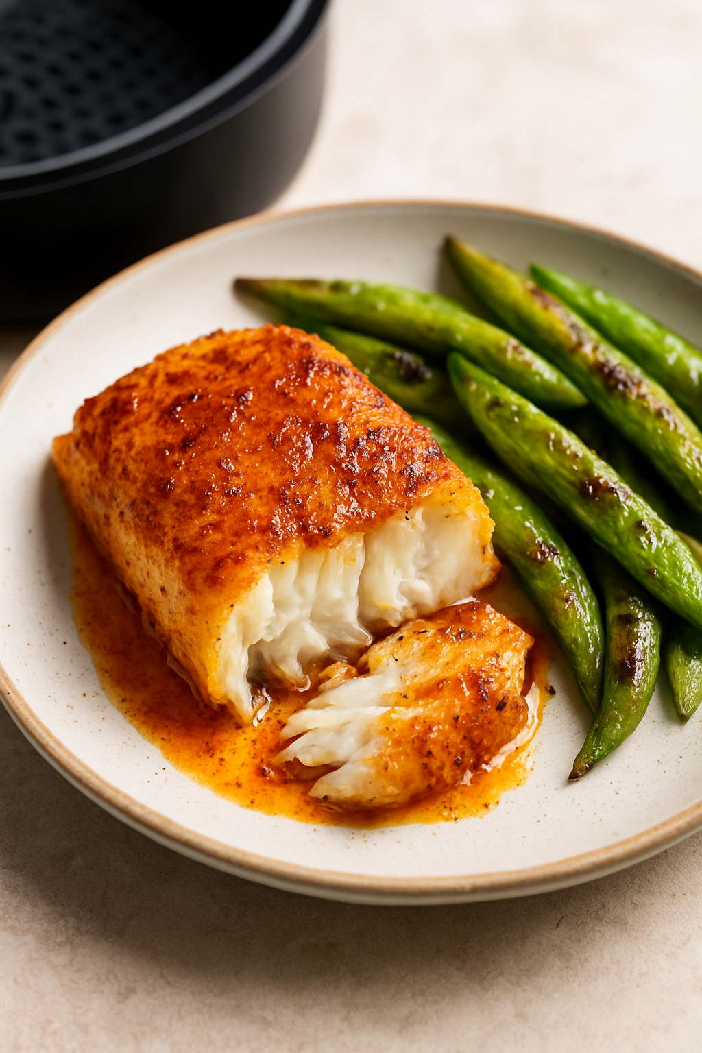 Air Fryer Cod Fillets with Paprika Butter & Snap Peas